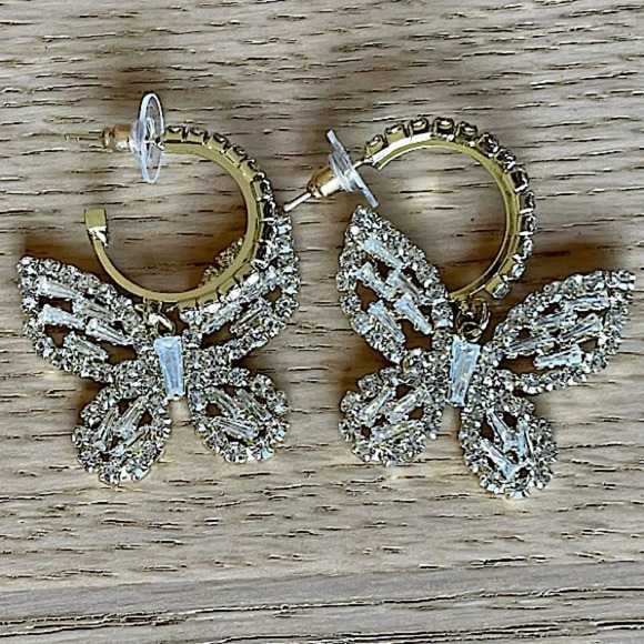 Gold 18K GP Diamond Butterfly Dangle Earrings - Picture 5 of 6